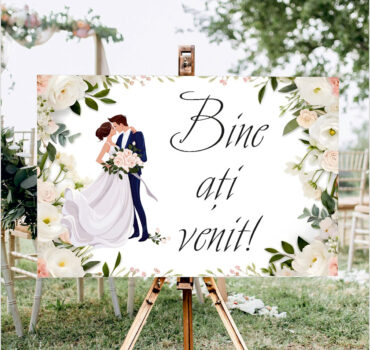 Panou de întâmpinare nuntă personalizat, cu miri și flori albe – Model 01