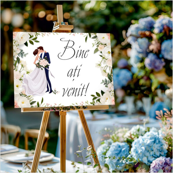 Panou de întâmpinare nuntă personalizat, cu miri și flori albe – Model 01 - imagine 2