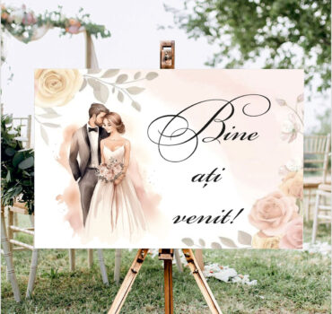 Panou de întâmpinare nuntă personalizat, cu miri și trandafiri roz – Model 02