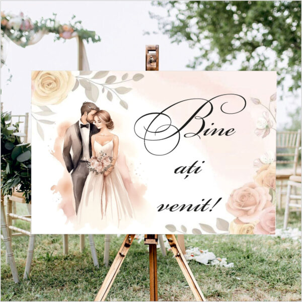 Panou de întâmpinare nuntă personalizat, cu miri și trandafiri roz – Model 02