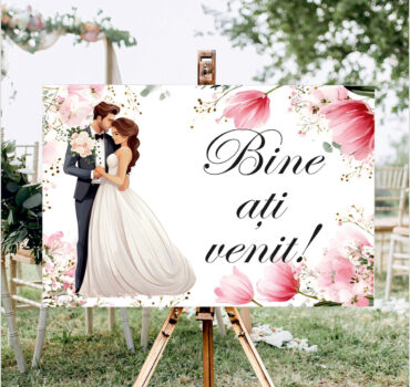 Panou de întâmpinare nuntă personalizat, cu miri și lalele roz – Model 03