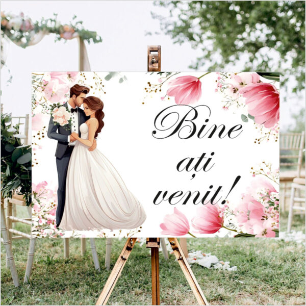 Panou de întâmpinare nuntă personalizat, cu miri și lalele roz – Model 03