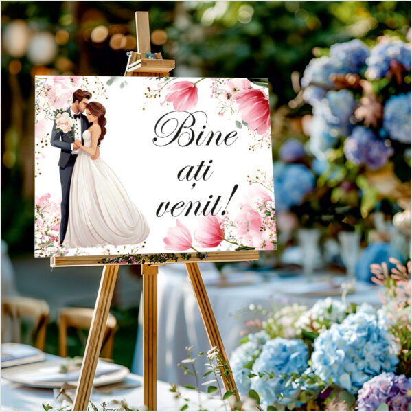Panou de întâmpinare nuntă personalizat, cu miri și lalele roz – Model 03 - imagine 2