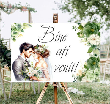 Panou de întâmpinare nuntă personalizat, cu miri și flori verzi – Model 04
