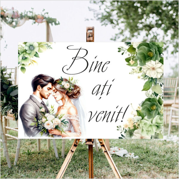 Panou de întâmpinare nuntă personalizat, cu miri și flori verzi – Model 04