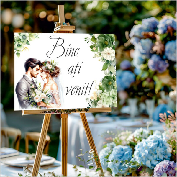 Panou de întâmpinare nuntă personalizat, cu miri și flori verzi – Model 04 - imagine 2