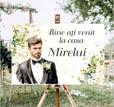 Panou de întâmpinare nuntă personalizat, Casa Mirelui, cu flori albe – Model 07