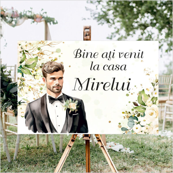 Panou de întâmpinare nuntă personalizat, Casa Mirelui, cu flori albe – Model 07
