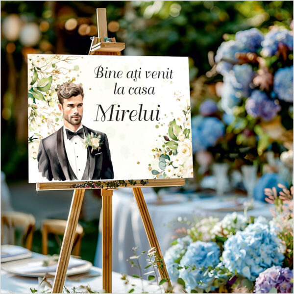 Panou de întâmpinare nuntă personalizat, Casa Mirelui, cu flori albe – Model 07 - imagine 2
