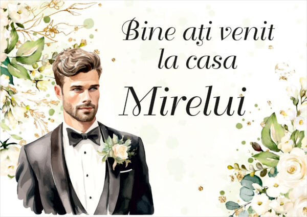 Panou de întâmpinare nuntă personalizat, Casa Mirelui, cu flori albe – Model 07 - imagine 3