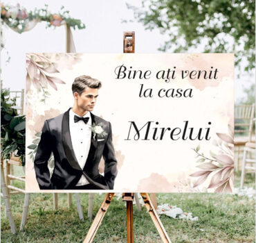 Panou de întâmpinare nuntă personalizat, Casa Mirelui, cu decor pastel – Model 08