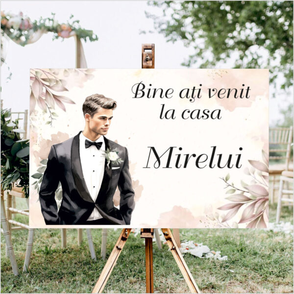 Panou de întâmpinare nuntă personalizat, Casa Mirelui, cu decor pastel – Model 08