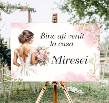 Panou de întâmpinare nuntă personalizat, Casa Miresei, cu trandafiri roz – Model 05