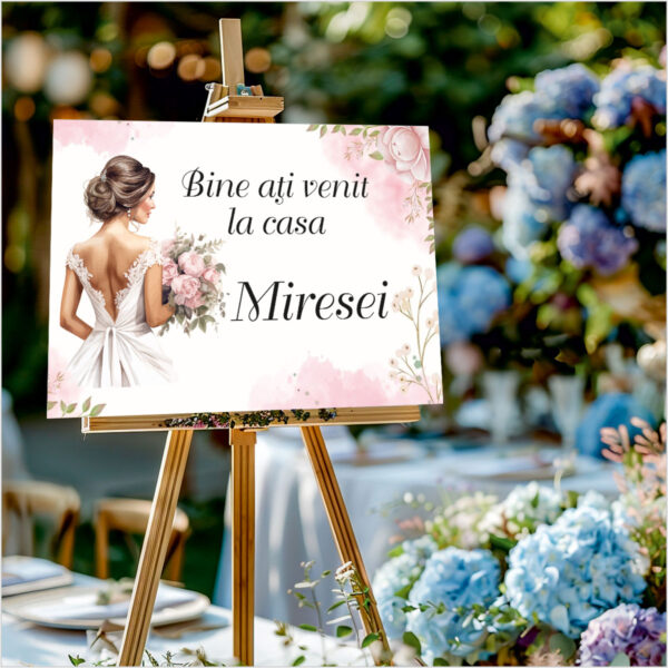 Panou de întâmpinare nuntă personalizat, Casa Miresei, cu trandafiri roz – Model 05 - imagine 2