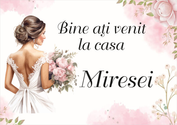 Panou de întâmpinare nuntă personalizat, Casa Miresei, cu trandafiri roz – Model 05 - imagine 3