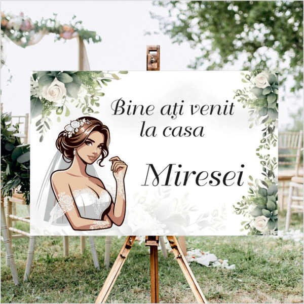 Panou de întâmpinare nuntă personalizat, Casa Miresei, cu flori albe – Model 06
