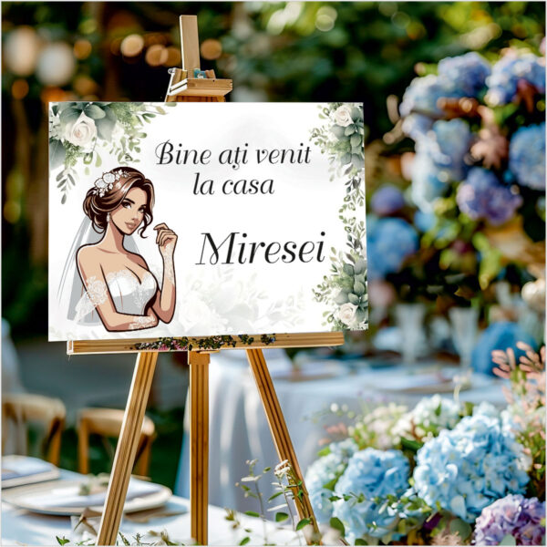 Panou de întâmpinare nuntă personalizat, Casa Miresei, cu flori albe – Model 06 - imagine 2