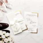Invitație de Nuntă Elegantă cu Fundă Organza și Accente Aurii 2621